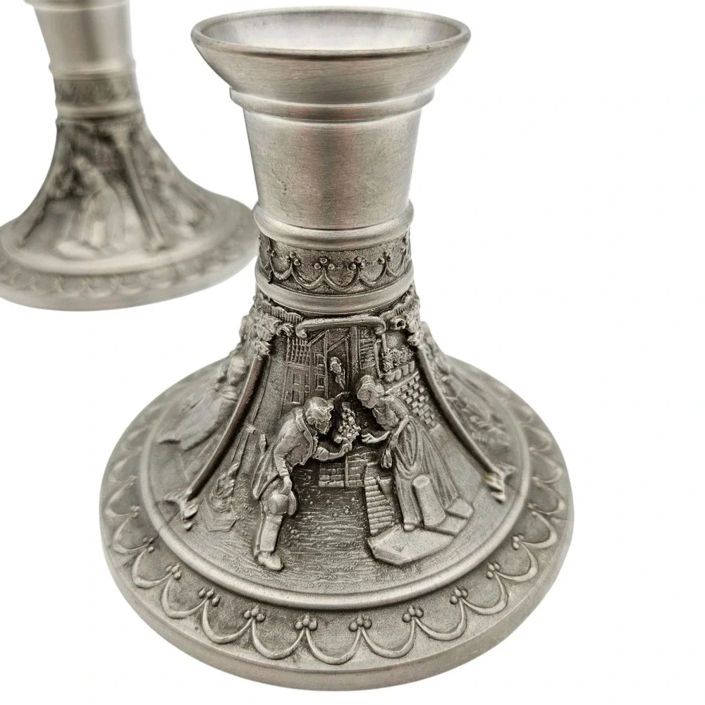 2 German Carved Courting Scenes Zinn 95% Pewter Tin Candlestick Holders Pair